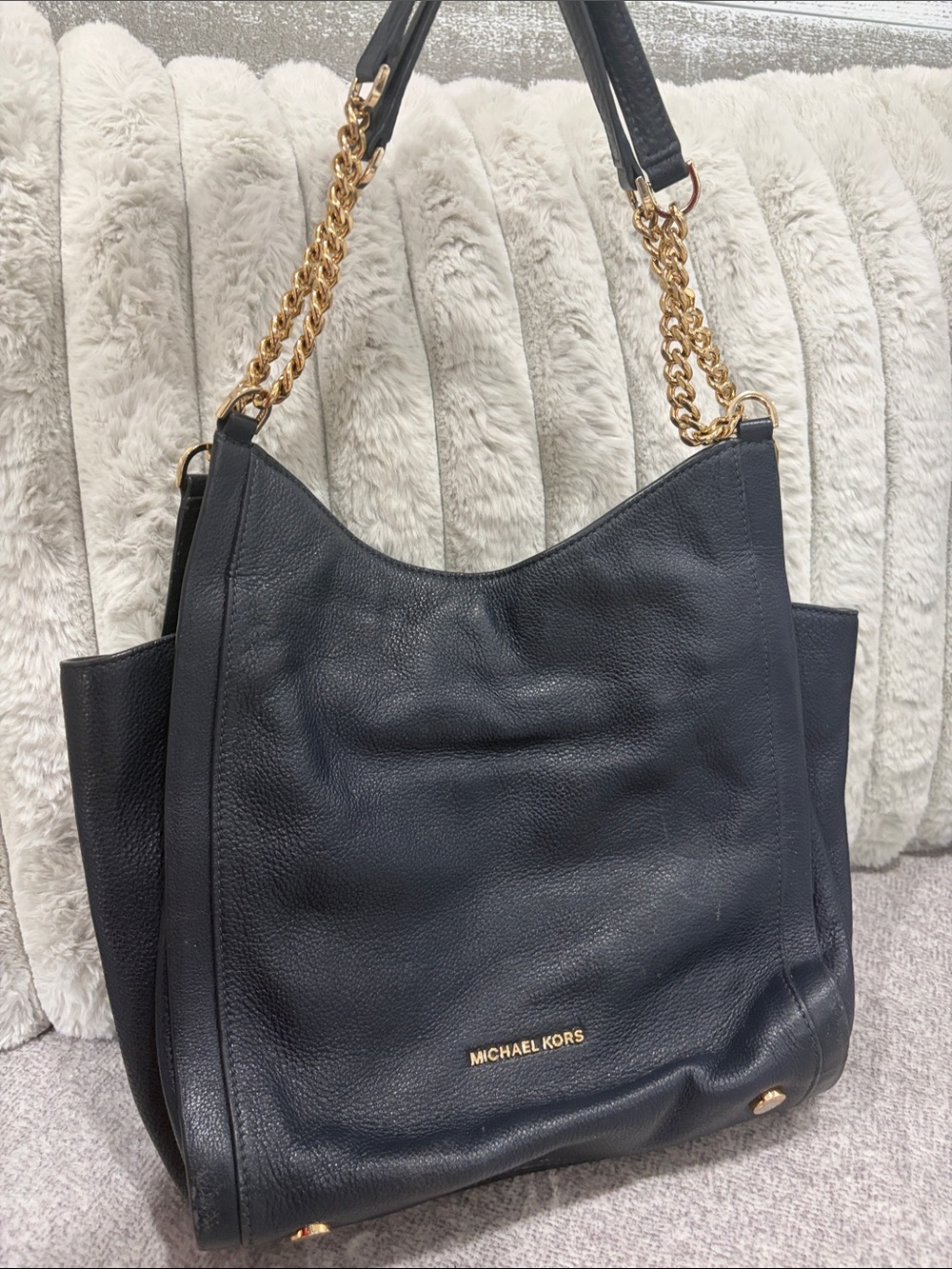 Michael Kors Black Leather Shoulder Bag with Gold Chain Handles